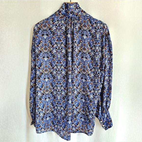 🇪🇦 Zara Blue Floral Paisley Long Sleeve Satin Blouse with Bow - Picture 9 of 16